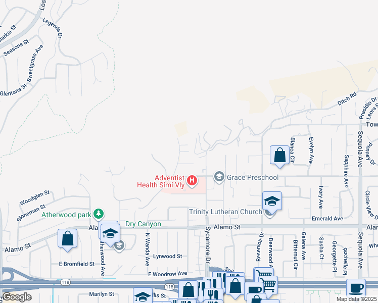 map of restaurants, bars, coffee shops, grocery stores, and more near 2644 Blue Ridge Circle in Simi Valley