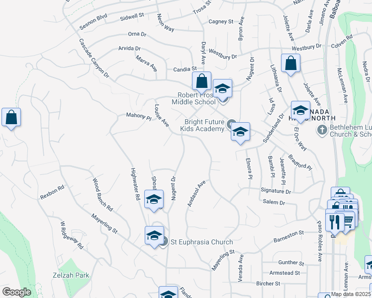 map of restaurants, bars, coffee shops, grocery stores, and more near 12128 Nugent Drive in Los Angeles
