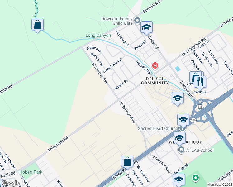 map of restaurants, bars, coffee shops, grocery stores, and more near 10505 Mendocino Court in Ventura
