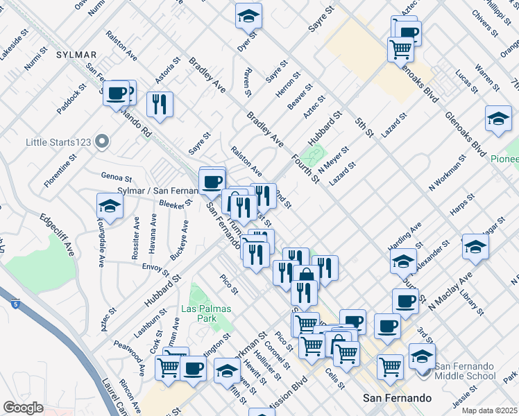 map of restaurants, bars, coffee shops, grocery stores, and more near 100 North Hubbard Avenue in San Fernando