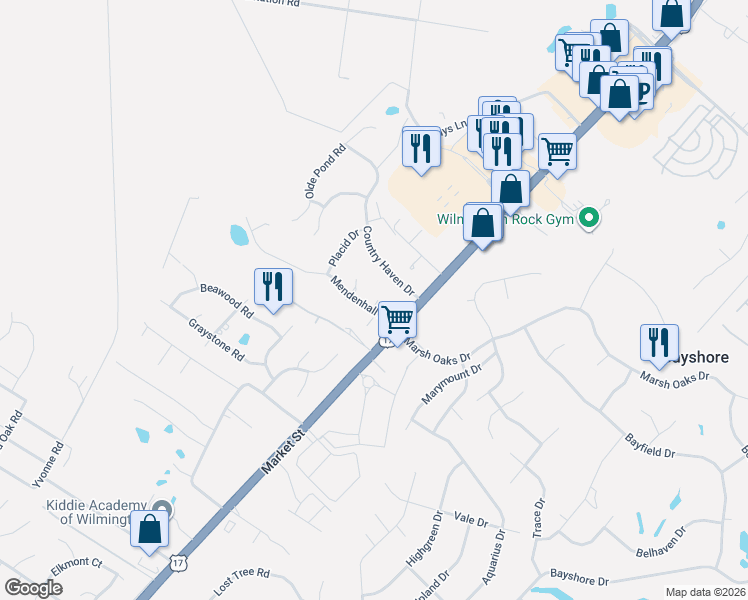 map of restaurants, bars, coffee shops, grocery stores, and more near 125 Mendenhall Drive in Wilmington