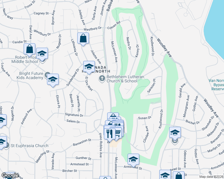 map of restaurants, bars, coffee shops, grocery stores, and more near 12201 McLennan Avenue in Los Angeles