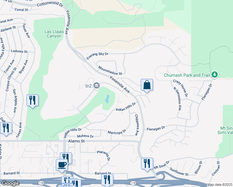 map of restaurants, bars, coffee shops, grocery stores, and more near 3091 Choctaw Avenue in Simi Valley