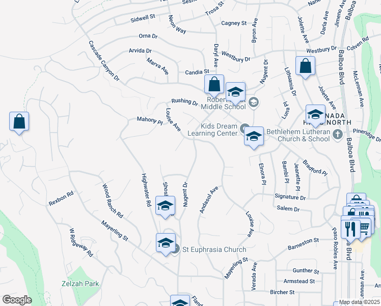 map of restaurants, bars, coffee shops, grocery stores, and more near 12131 Nugent Drive in Los Angeles