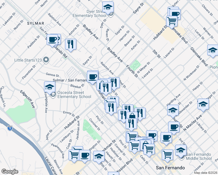 map of restaurants, bars, coffee shops, grocery stores, and more near Hubbard St & Frank Modugno Dr in San Fernando