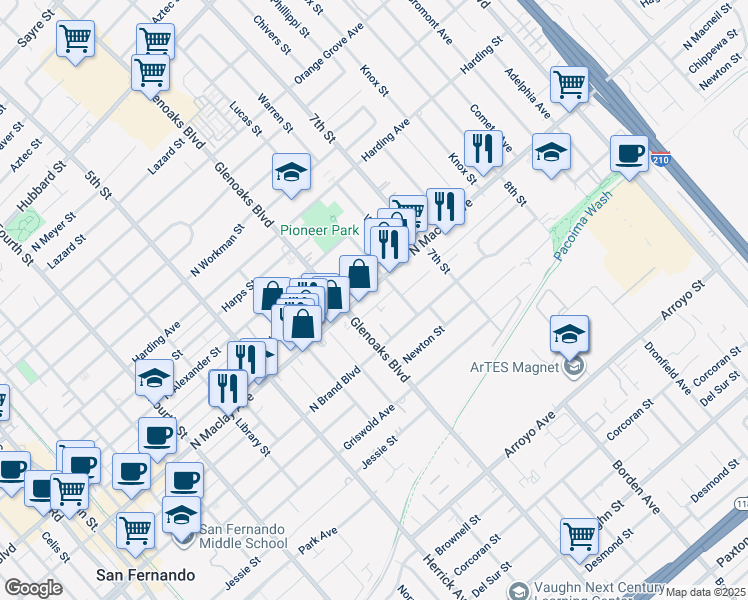 map of restaurants, bars, coffee shops, grocery stores, and more near 818 North Maclay Avenue in San Fernando