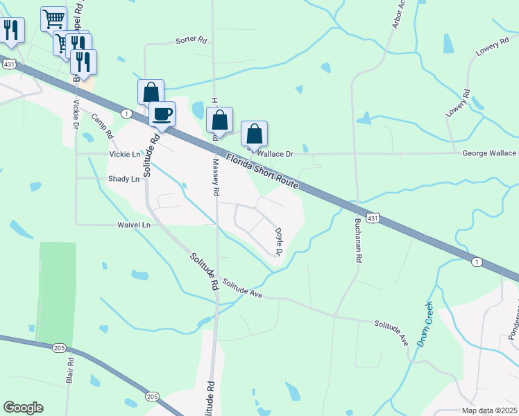 map of restaurants, bars, coffee shops, grocery stores, and more near 169 Doyle Drive in Albertville