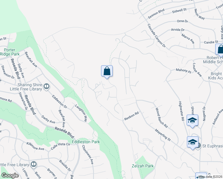 map of restaurants, bars, coffee shops, grocery stores, and more near 12058 North Creekview Road in Los Angeles