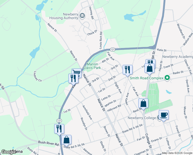 map of restaurants, bars, coffee shops, grocery stores, and more near 1207 3rd Street in Newberry