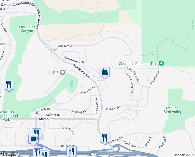 map of restaurants, bars, coffee shops, grocery stores, and more near 3105 Tecopa Springs Lane in Simi Valley