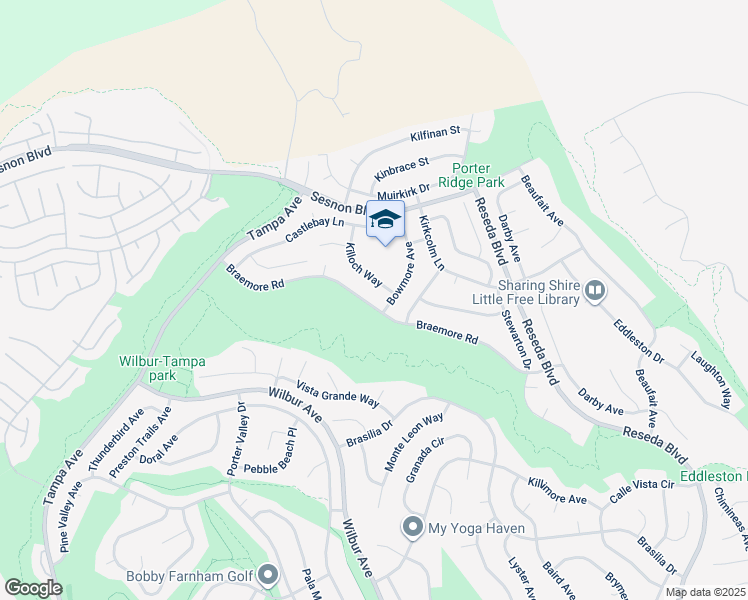 map of restaurants, bars, coffee shops, grocery stores, and more near 19015 Braemore Road in Los Angeles