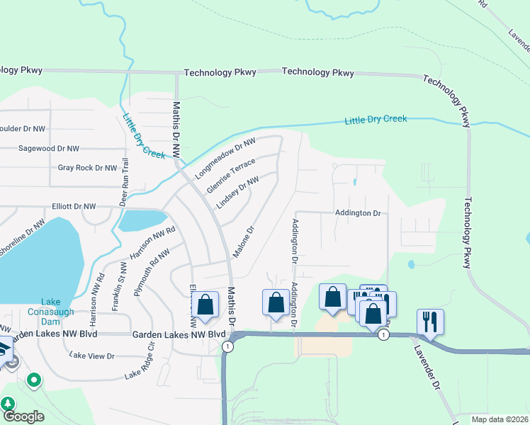 map of restaurants, bars, coffee shops, grocery stores, and more near 126 Malone Drive in Rome