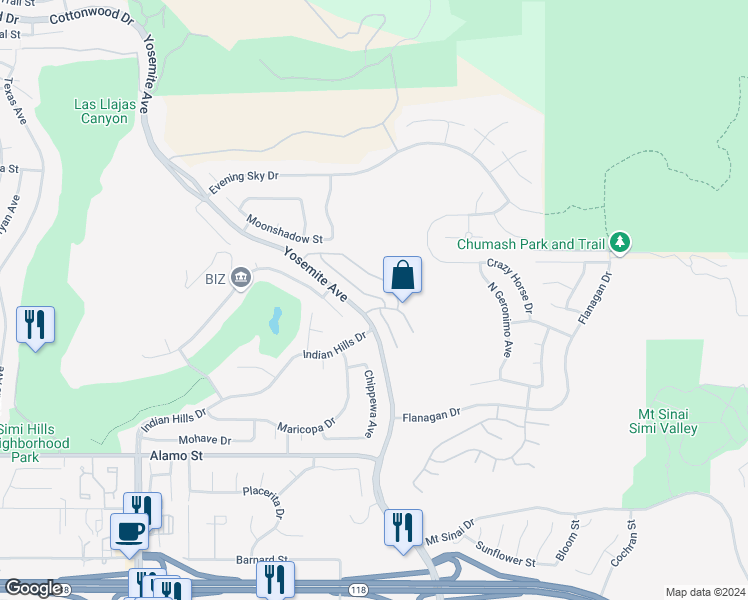 map of restaurants, bars, coffee shops, grocery stores, and more near 3105 Tecopa Springs Lane in Simi Valley