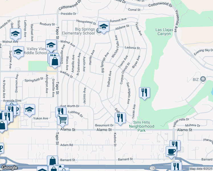 map of restaurants, bars, coffee shops, grocery stores, and more near 3083 Dalhart Avenue in Simi Valley