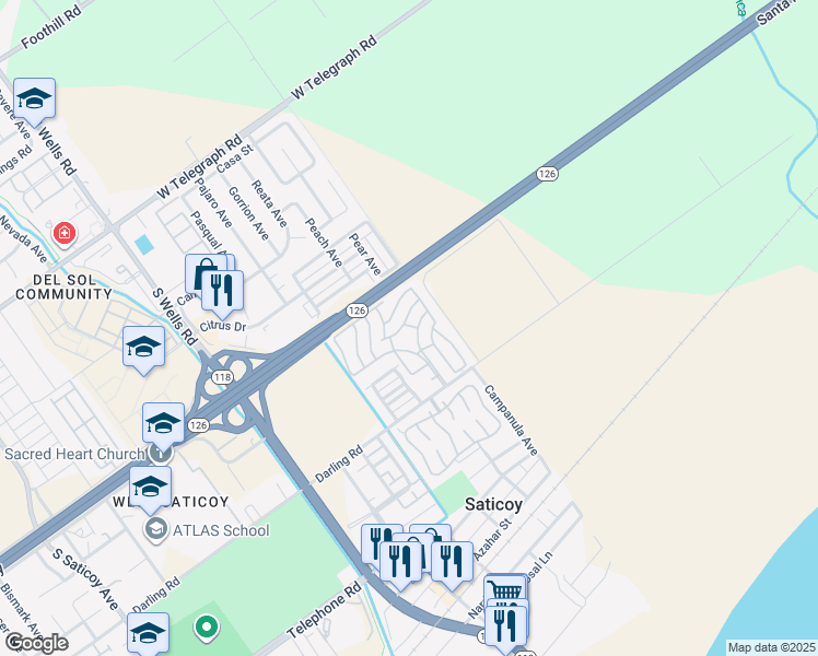 map of restaurants, bars, coffee shops, grocery stores, and more near 106 Begonia Place in Ventura