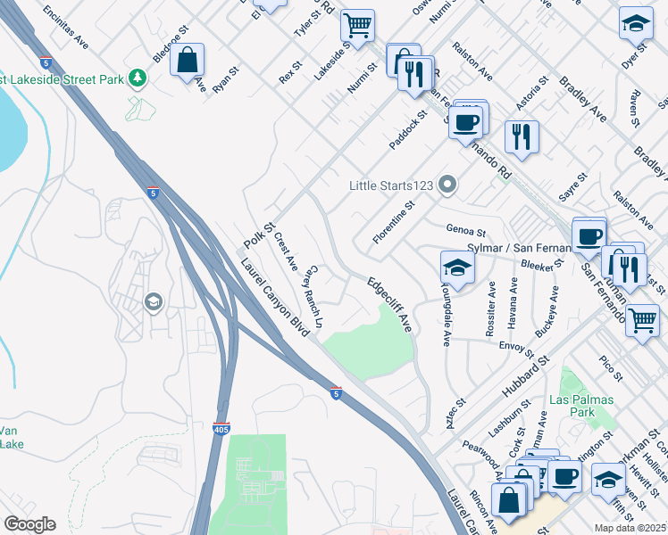 map of restaurants, bars, coffee shops, grocery stores, and more near 12162 Brookmont Avenue in Los Angeles