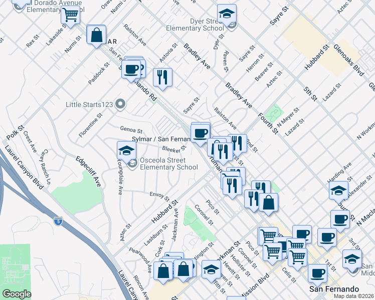 map of restaurants, bars, coffee shops, grocery stores, and more near 14736 Bleeker Street in Los Angeles