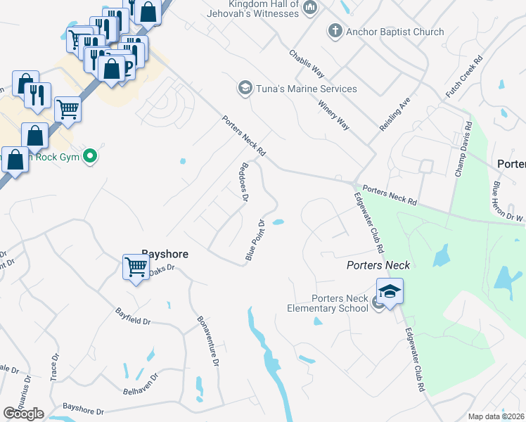 map of restaurants, bars, coffee shops, grocery stores, and more near 652 Blue Point Drive in Wilmington