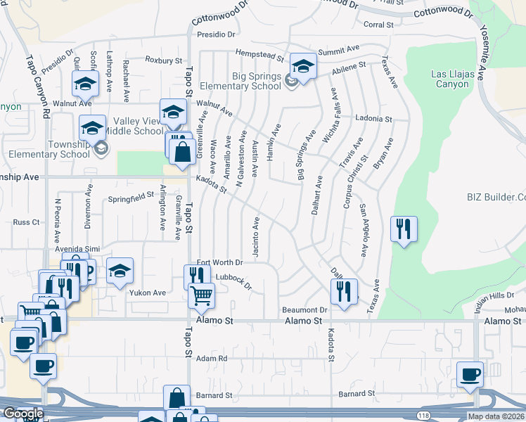 map of restaurants, bars, coffee shops, grocery stores, and more near 3046 Kadota Street in Simi Valley
