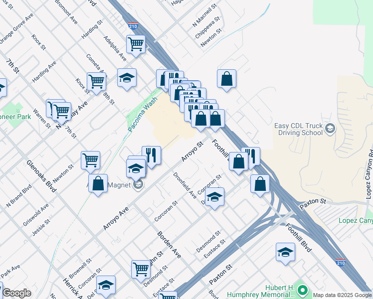 map of restaurants, bars, coffee shops, grocery stores, and more near 13000-13096 Arroyo St in Los Angeles