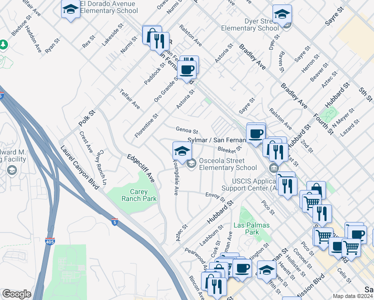 map of restaurants, bars, coffee shops, grocery stores, and more near 14931 Nora Place in Los Angeles