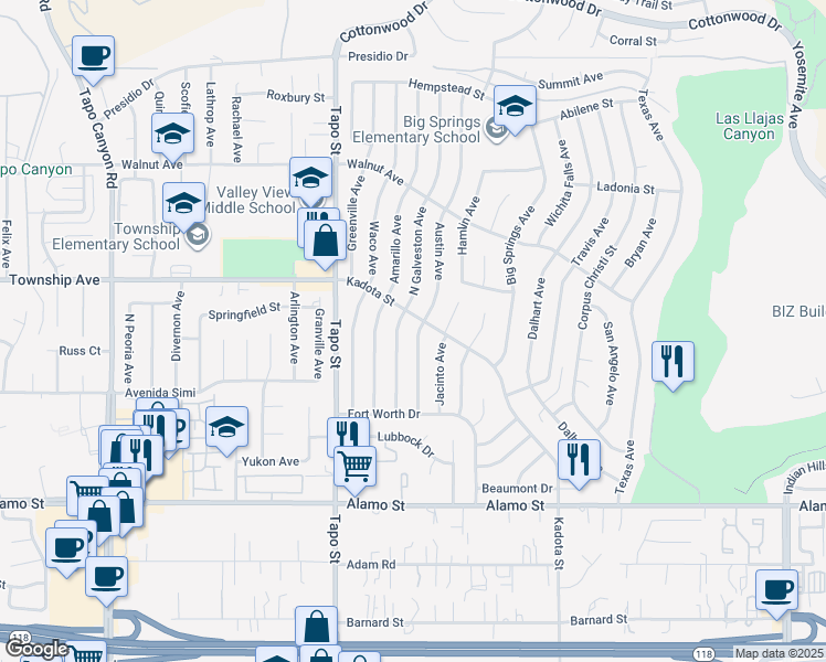 map of restaurants, bars, coffee shops, grocery stores, and more near 3177 Austin Avenue in Simi Valley
