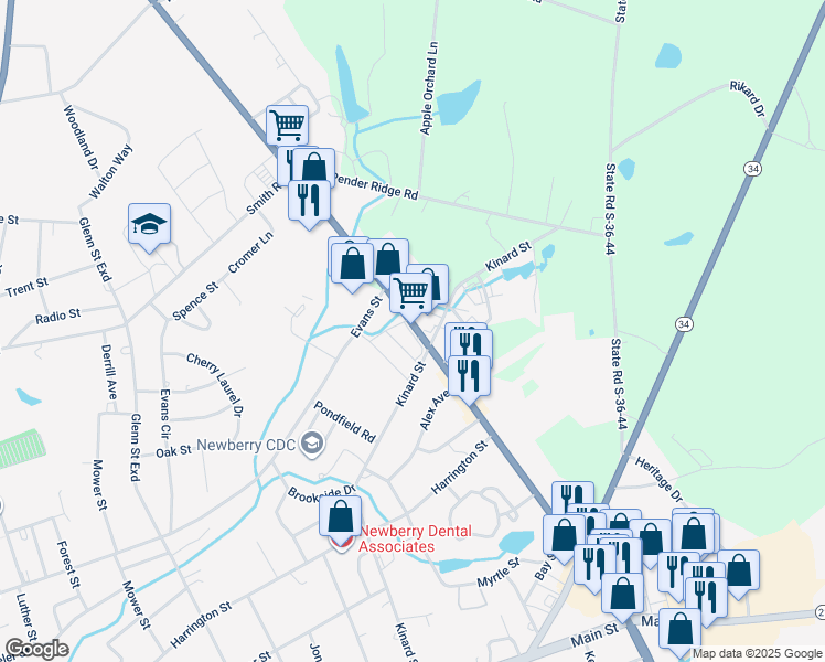 map of restaurants, bars, coffee shops, grocery stores, and more near 1821 Wilson Road in Newberry