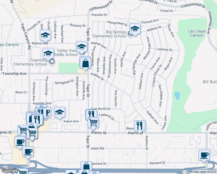map of restaurants, bars, coffee shops, grocery stores, and more near 3177 Austin Avenue in Simi Valley