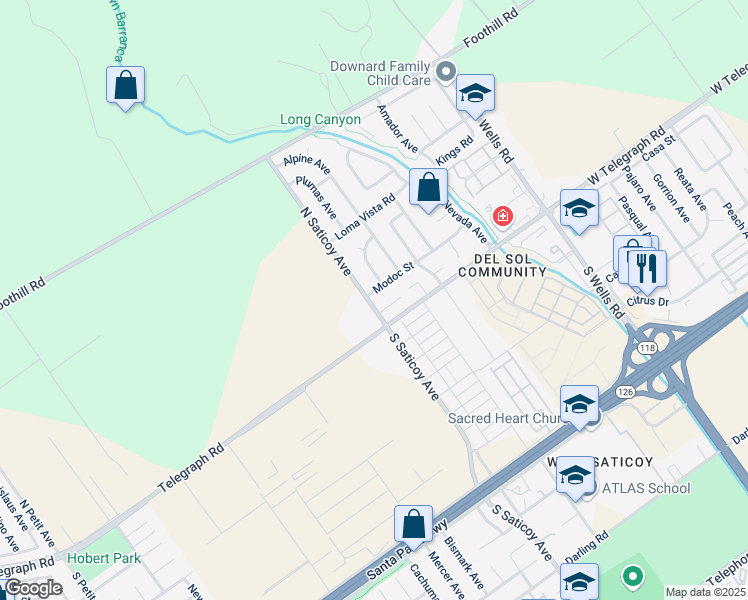 map of restaurants, bars, coffee shops, grocery stores, and more near 10505 Mendocino Court in Ventura