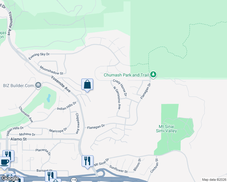 map of restaurants, bars, coffee shops, grocery stores, and more near 3195 North Geronimo Avenue in Simi Valley