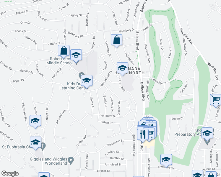 map of restaurants, bars, coffee shops, grocery stores, and more near 12162 Bradford Place in Los Angeles