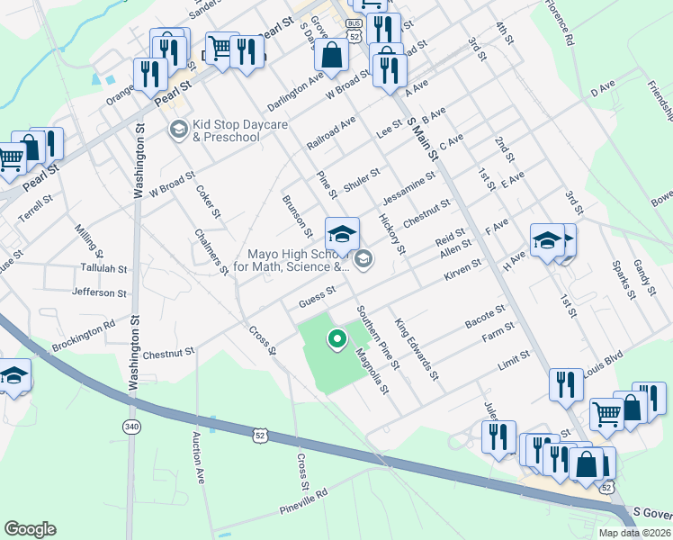 map of restaurants, bars, coffee shops, grocery stores, and more near 104 Southern Pine Street in Darlington