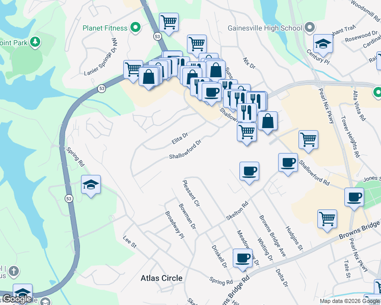 map of restaurants, bars, coffee shops, grocery stores, and more near 221 Shallowford Drive in Gainesville