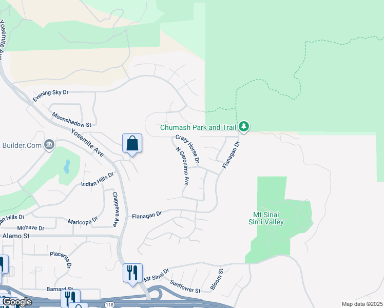 map of restaurants, bars, coffee shops, grocery stores, and more near 3155 Crazy Horse Drive in Simi Valley