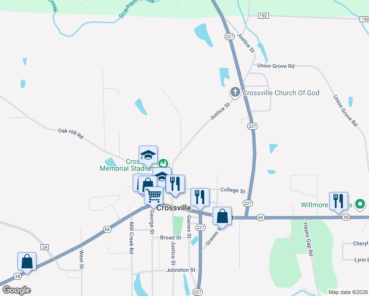 map of restaurants, bars, coffee shops, grocery stores, and more near Justice Street in Crossville