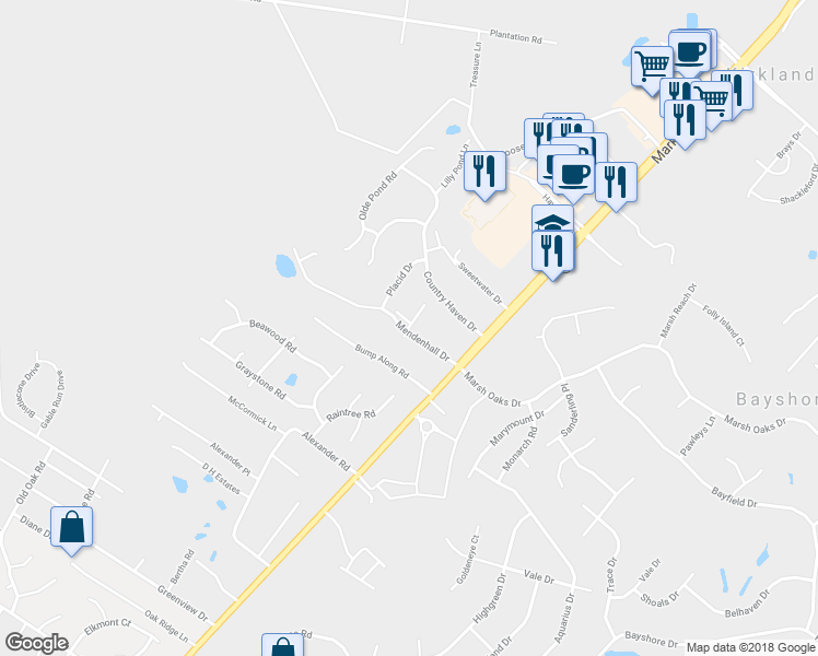 map of restaurants, bars, coffee shops, grocery stores, and more near 122 Mendenhall Court in Wilmington