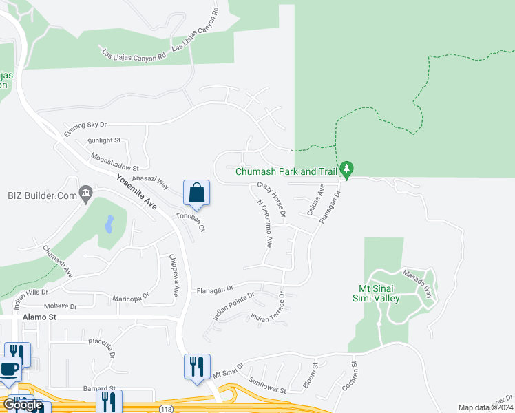 map of restaurants, bars, coffee shops, grocery stores, and more near 3195 North Geronimo Avenue in Simi Valley