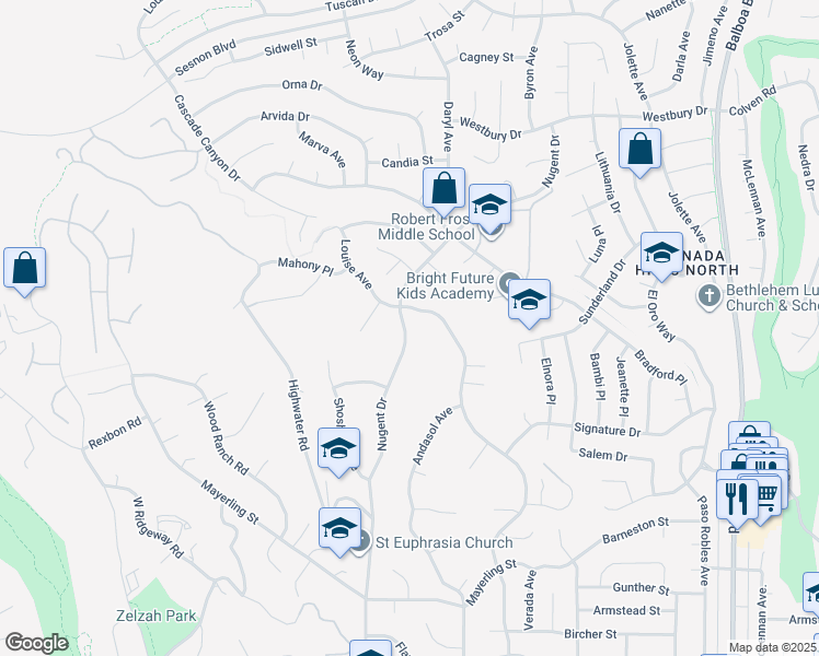 map of restaurants, bars, coffee shops, grocery stores, and more near 12128 Nugent Drive in Los Angeles