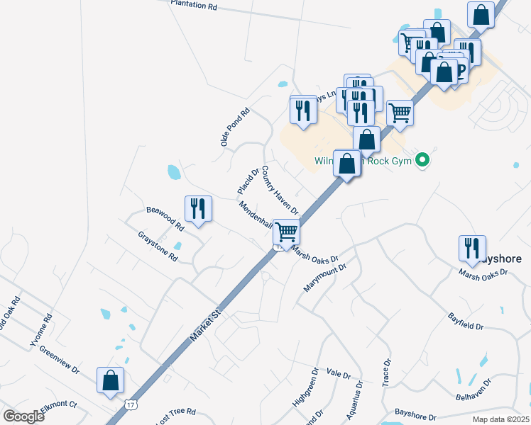 map of restaurants, bars, coffee shops, grocery stores, and more near 128 Mendenhall Drive in Wilmington
