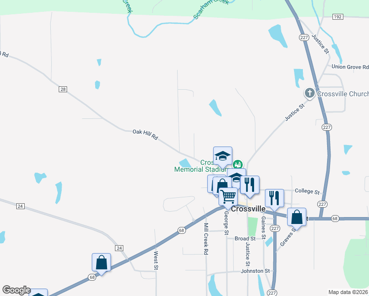 map of restaurants, bars, coffee shops, grocery stores, and more near 17 Cypress Lane in Crossville