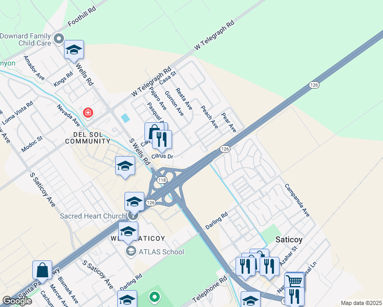 map of restaurants, bars, coffee shops, grocery stores, and more near 11190 Citrus Drive in Ventura