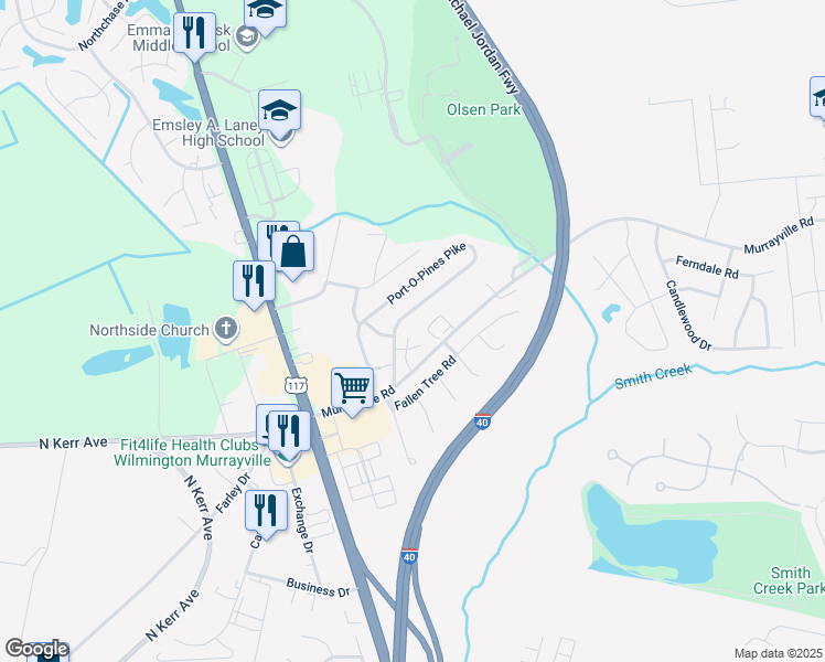 map of restaurants, bars, coffee shops, grocery stores, and more near 3628 Calabash Court in Wilmington