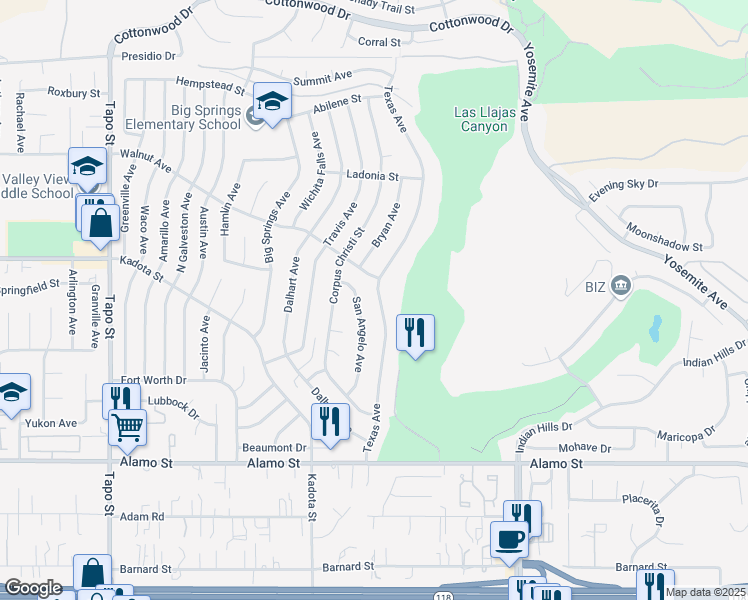 map of restaurants, bars, coffee shops, grocery stores, and more near 3143 Texas Avenue in Simi Valley