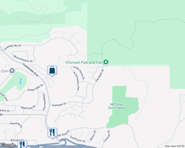 map of restaurants, bars, coffee shops, grocery stores, and more near 3125 Calusa Avenue in Simi Valley