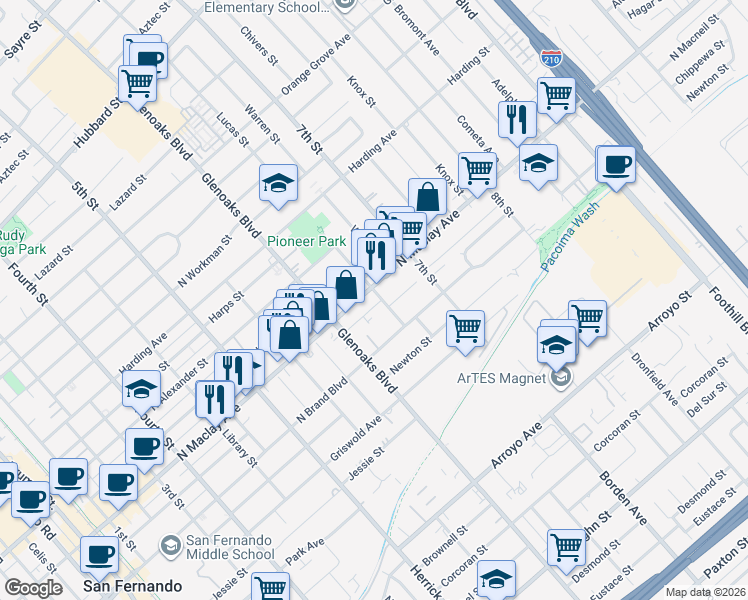 map of restaurants, bars, coffee shops, grocery stores, and more near 920 Lucas Street in San Fernando