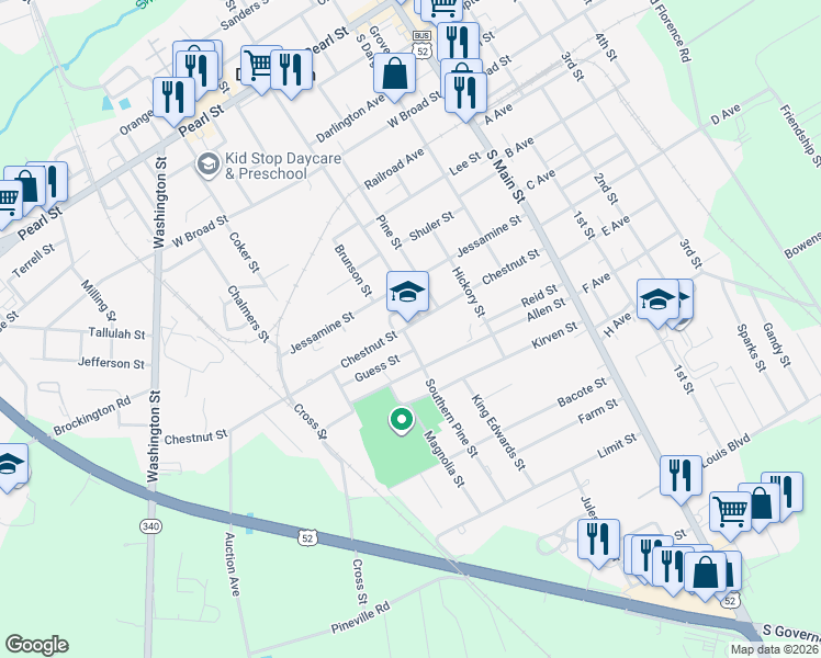 map of restaurants, bars, coffee shops, grocery stores, and more near 405 Chestnut Street in Darlington