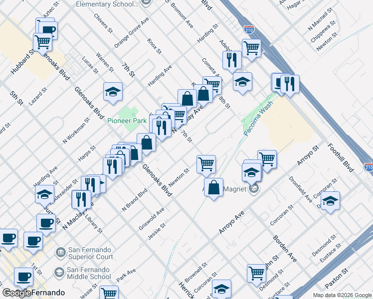 map of restaurants, bars, coffee shops, grocery stores, and more near 902 North Brand Boulevard in San Fernando