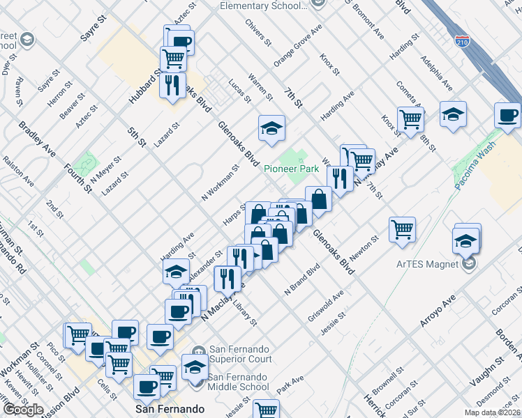 map of restaurants, bars, coffee shops, grocery stores, and more near in San Fernando