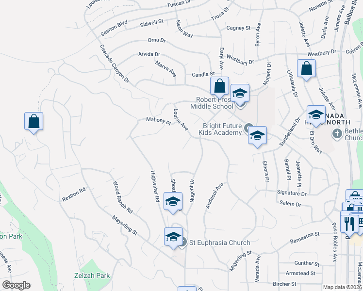map of restaurants, bars, coffee shops, grocery stores, and more near 12134 Mission Ridge Way in Los Angeles