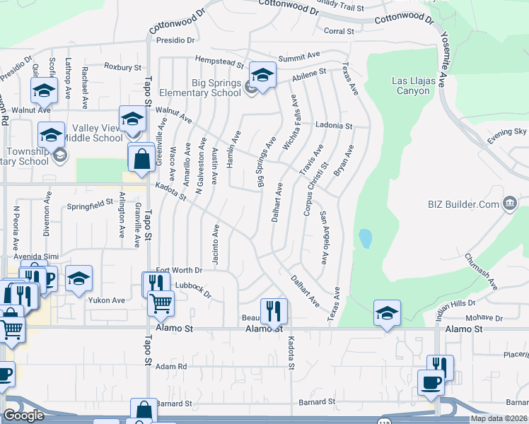 map of restaurants, bars, coffee shops, grocery stores, and more near 3075 Big Springs Avenue in Simi Valley